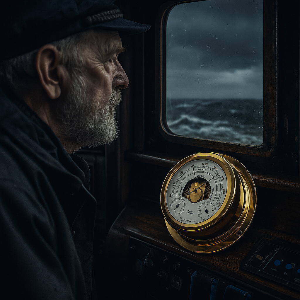 Man lokking at the ocean with a weather instrument stuck on the wall. 