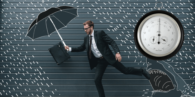 Small Man holding umbrella with fischer germany precision barometer to tell him the weather and a shark biting his foot