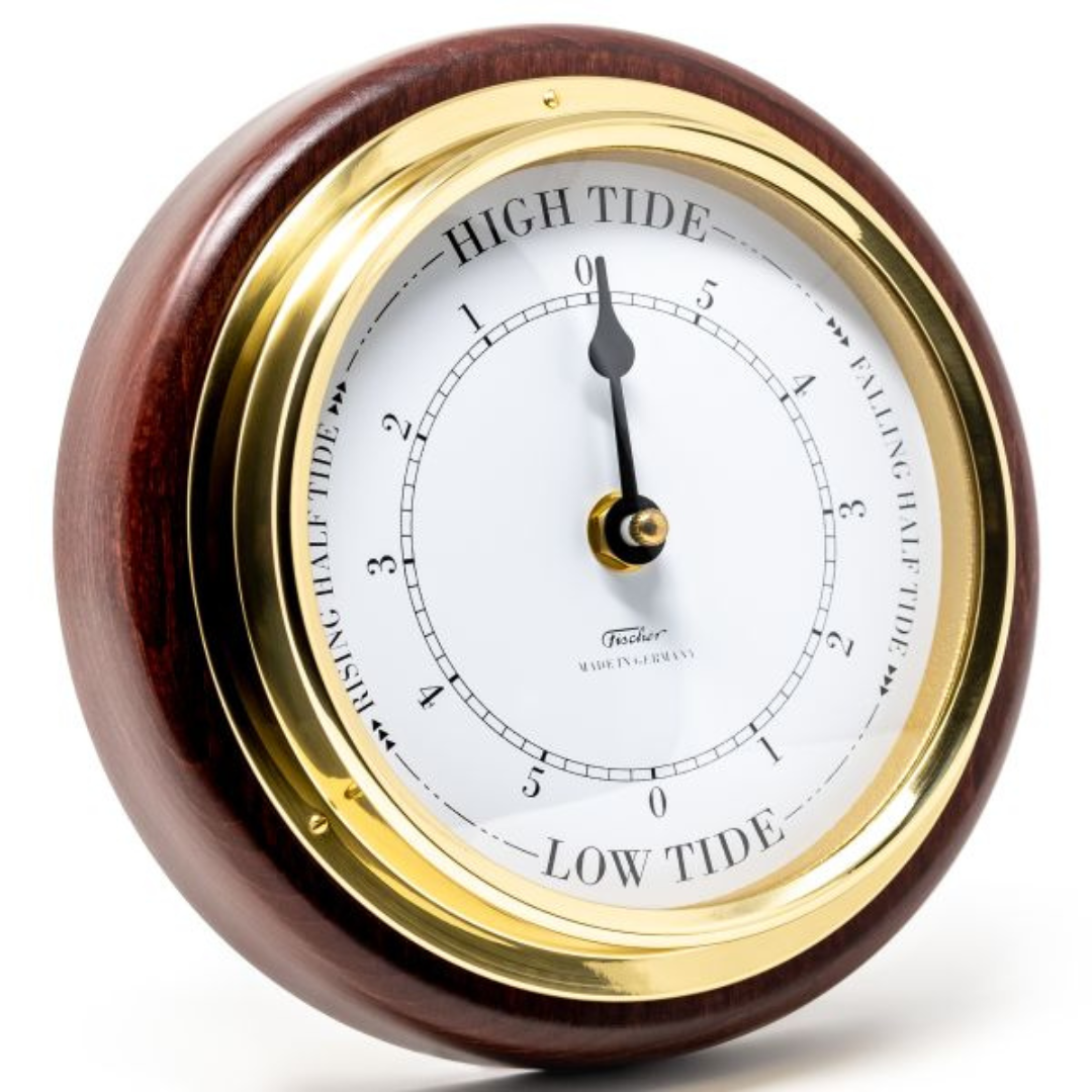 Wall-mounted analog tide clock with wood frame and gold trim, showing high and low tide.