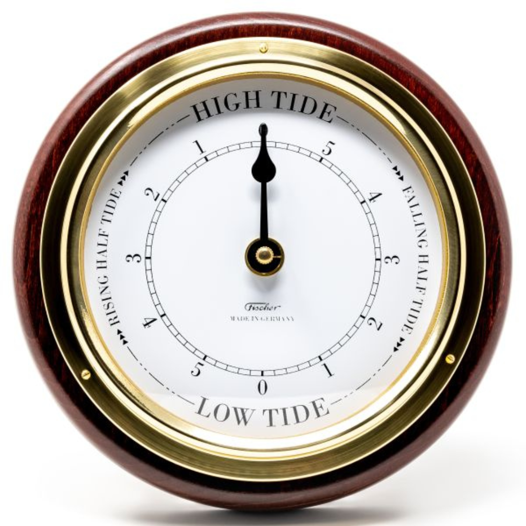 Wall-mounted analog tide clock with wood frame and gold trim, showing high and low tide.