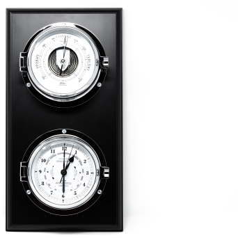 Wall-mounted German barometer and tide clock set with chrome bezels on black panel