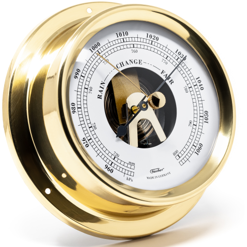 German brass analog barometer with clear dial for weather measurement