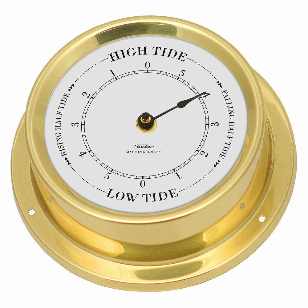 Brass German-made nautical tide clock with high and low tide markings.