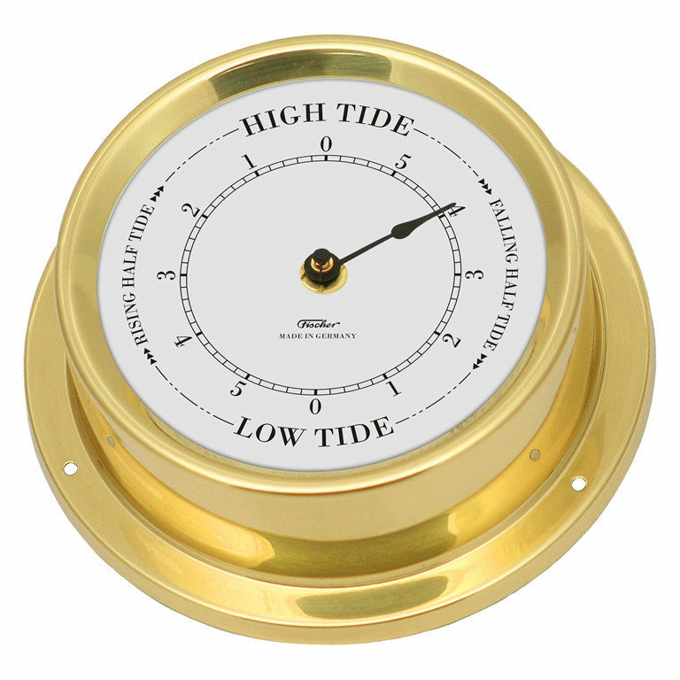 Brass German-made nautical tide clock with high and low tide markings.