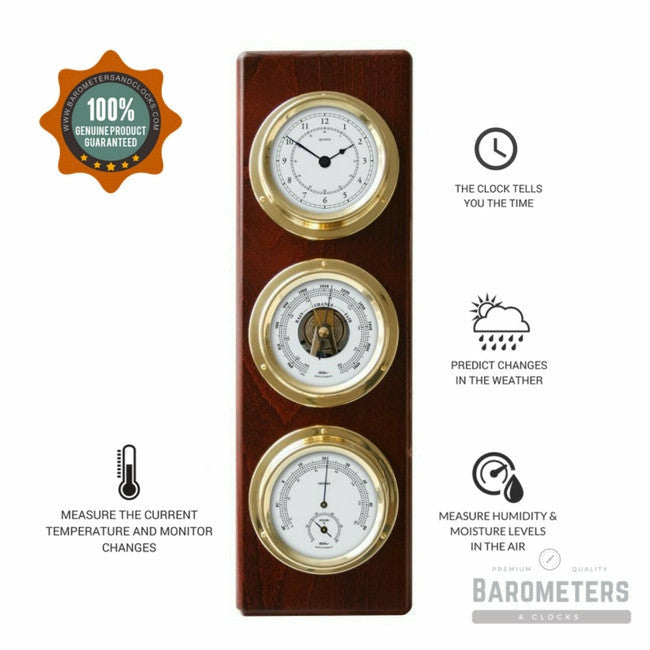 Modern Mahogany &amp; Brass Weatherstation – 4-in-1 Hygrometer, Barometer, Thermometer &amp; Quartz Clock