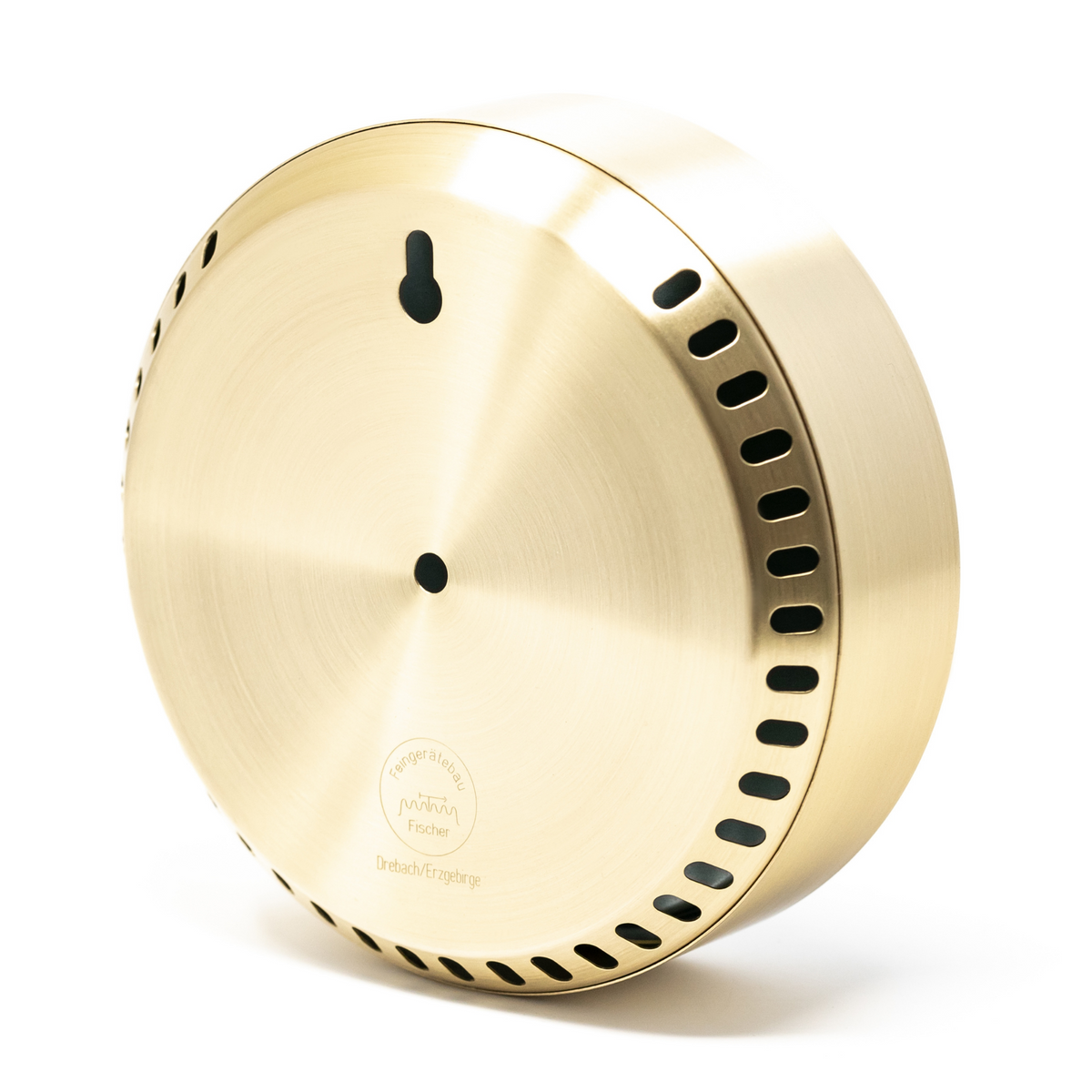 Brushed brass barometer back view with wall mount slot, German weather instrument