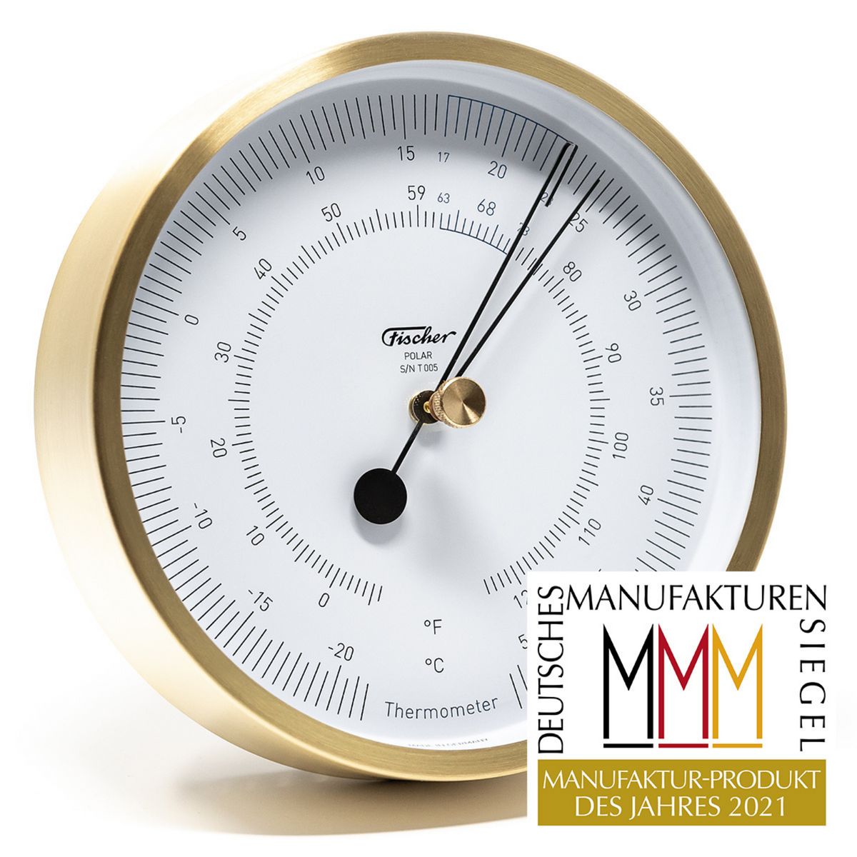 German made brass analog thermometer, round dial, Celsius and Fahrenheit, award seal