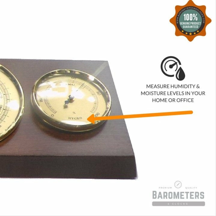 Modern Mahogany &amp; Brass Weatherstation 3 in 1 - Hygrometer + Barometer + Thermometer
