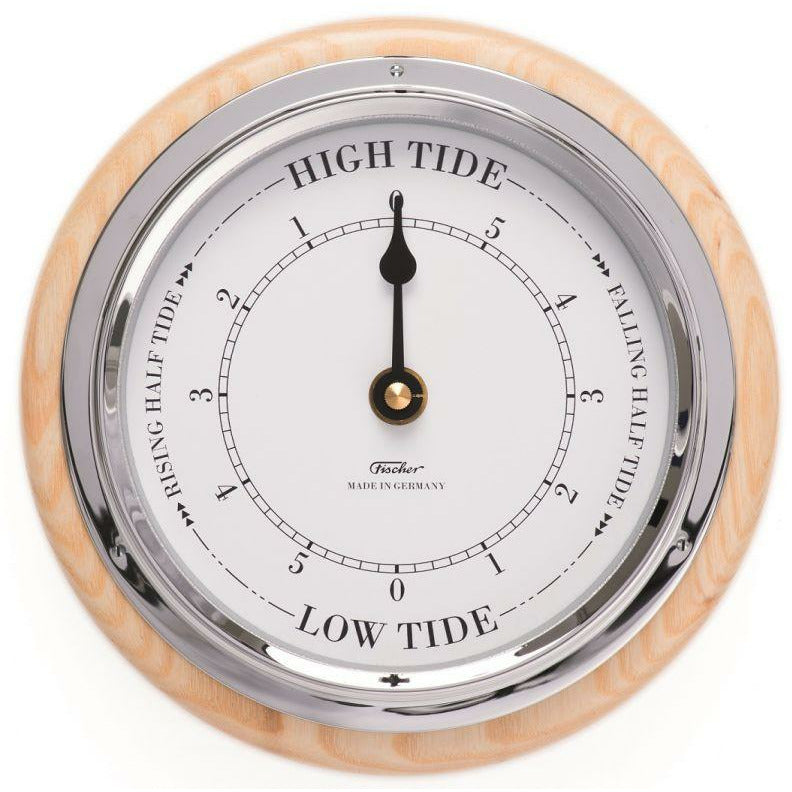 German made nautical tide clock with chrome bezel and wood trim, showing high tide.