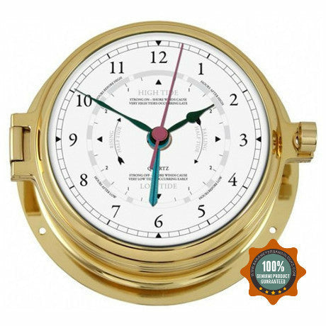 Brass nautical tide clock with white dial for tracking high and low tides, wall-mounted design